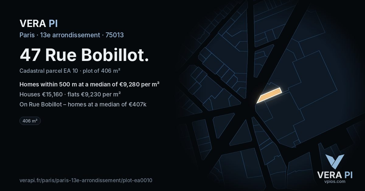 47 Rue Bobillot, 13e arrondissement at night – the plot lit, the parcels around coloured by the prices near them