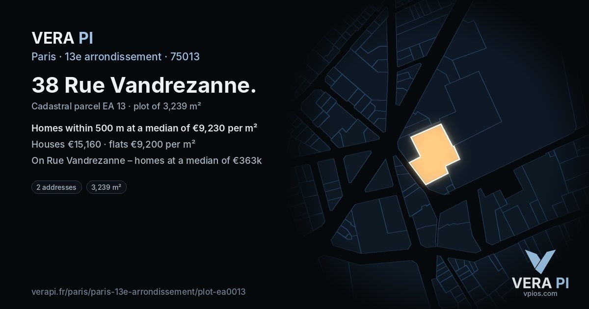 38 Rue Vandrezanne, 13e arrondissement at night – the plot lit, the parcels around coloured by the prices near them