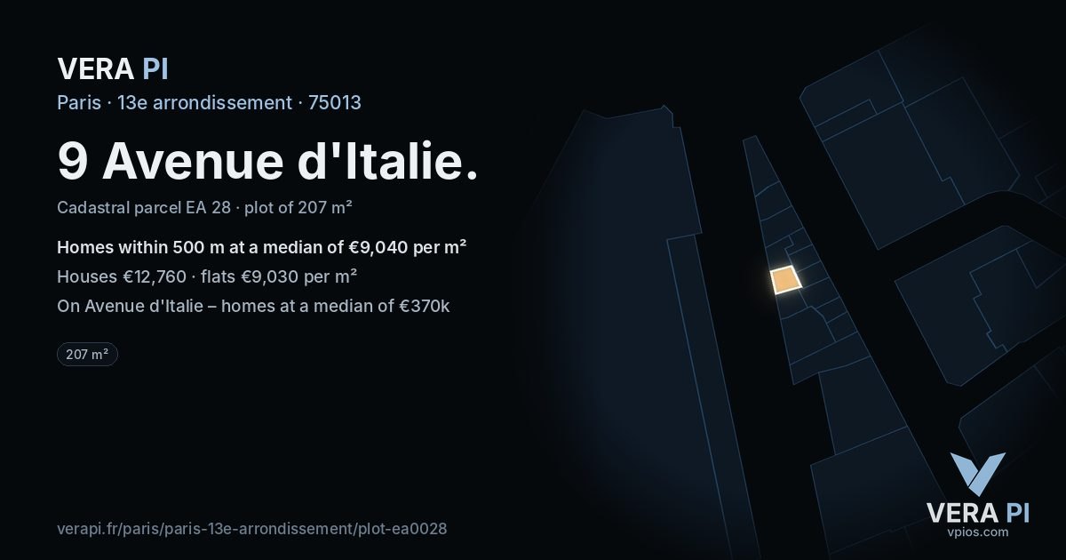 9 Avenue d'Italie, 13e arrondissement at night – the plot lit, the parcels around coloured by the prices near them