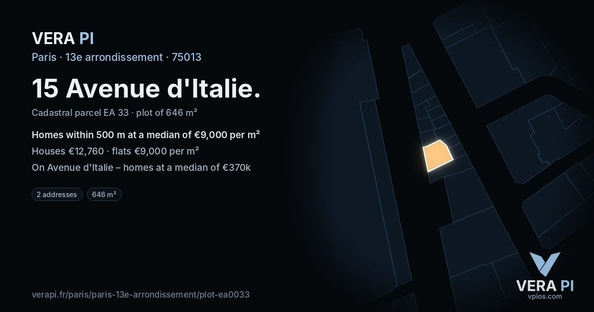15 Avenue d'Italie, 13e arrondissement at night – the plot lit, the parcels around coloured by the prices near them