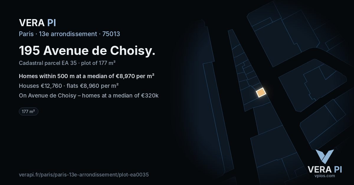 195 Avenue de Choisy, 13e arrondissement at night – the plot lit, the parcels around coloured by the prices near them