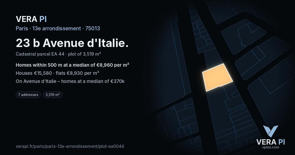 23 b Avenue d'Italie, 13e arrondissement at night – the plot lit, the parcels around coloured by the prices near them