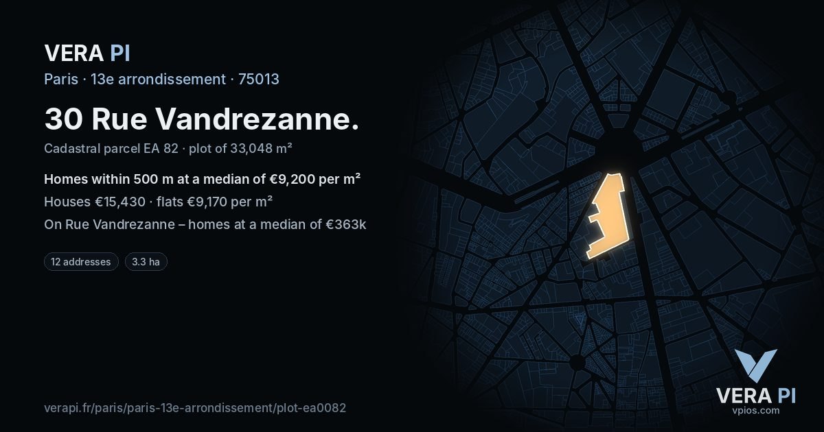 30 Rue Vandrezanne, 13e arrondissement at night – the plot lit, the parcels around coloured by the prices near them