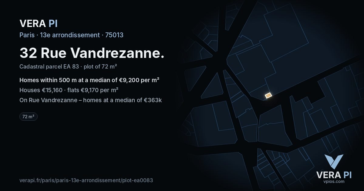 32 Rue Vandrezanne, 13e arrondissement at night – the plot lit, the parcels around coloured by the prices near them