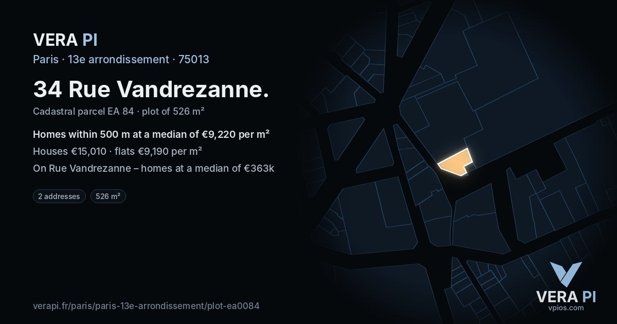 34 Rue Vandrezanne, 13e arrondissement at night – the plot lit, the parcels around coloured by the prices near them