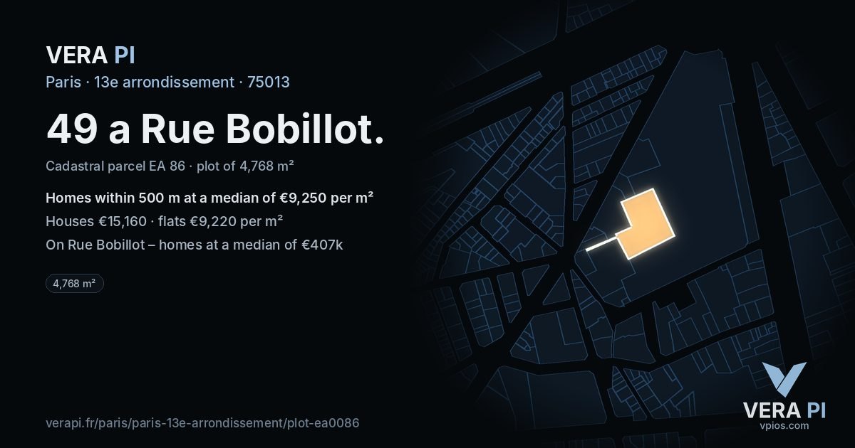 49 a Rue Bobillot, 13e arrondissement at night – the plot lit, the parcels around coloured by the prices near them