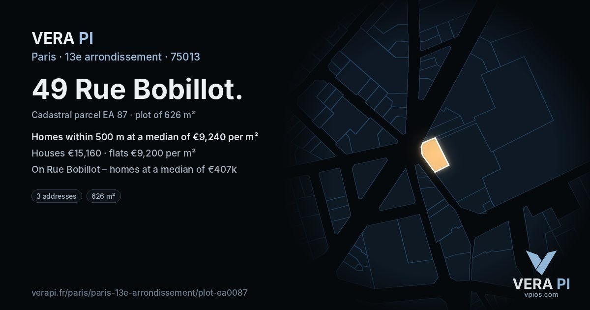 49 Rue Bobillot, 13e arrondissement at night – the plot lit, the parcels around coloured by the prices near them