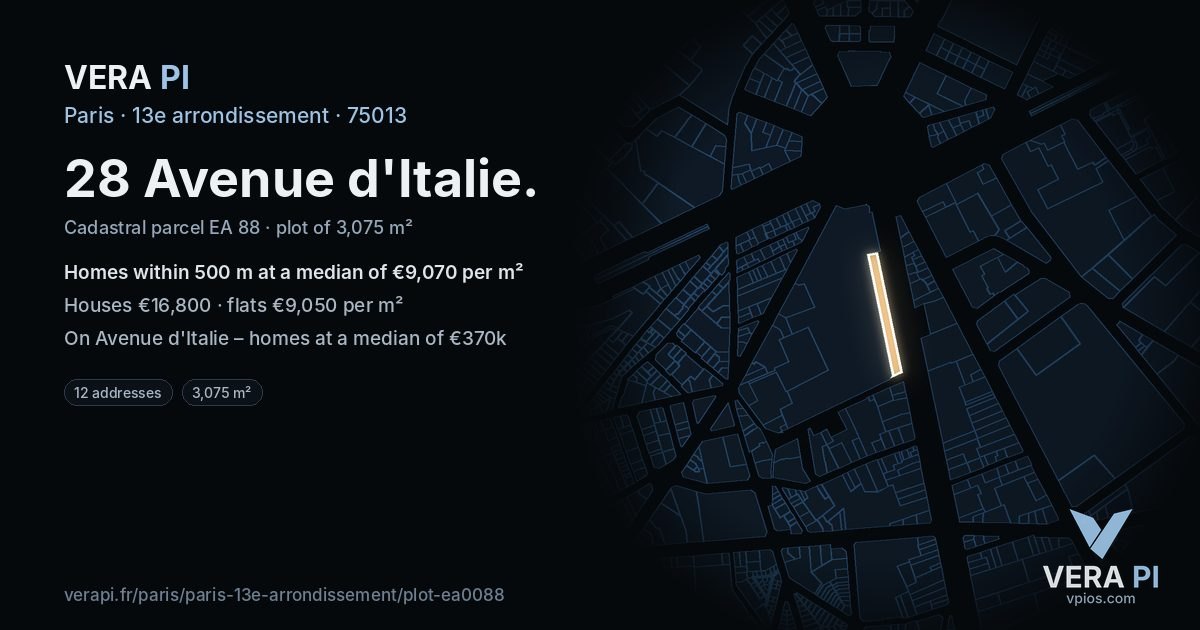 28 Avenue d'Italie, 13e arrondissement at night – the plot lit, the parcels around coloured by the prices near them