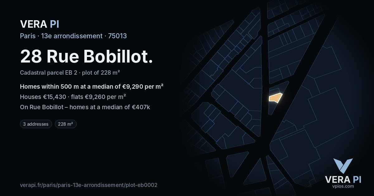28 Rue Bobillot, 13e arrondissement at night – the plot lit, the parcels around coloured by the prices near them