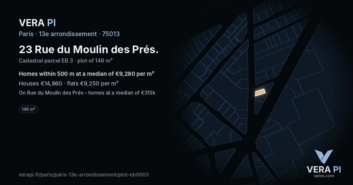 23 Rue du Moulin des Prés, 13e arrondissement at night – the plot lit, the parcels around coloured by the prices near them