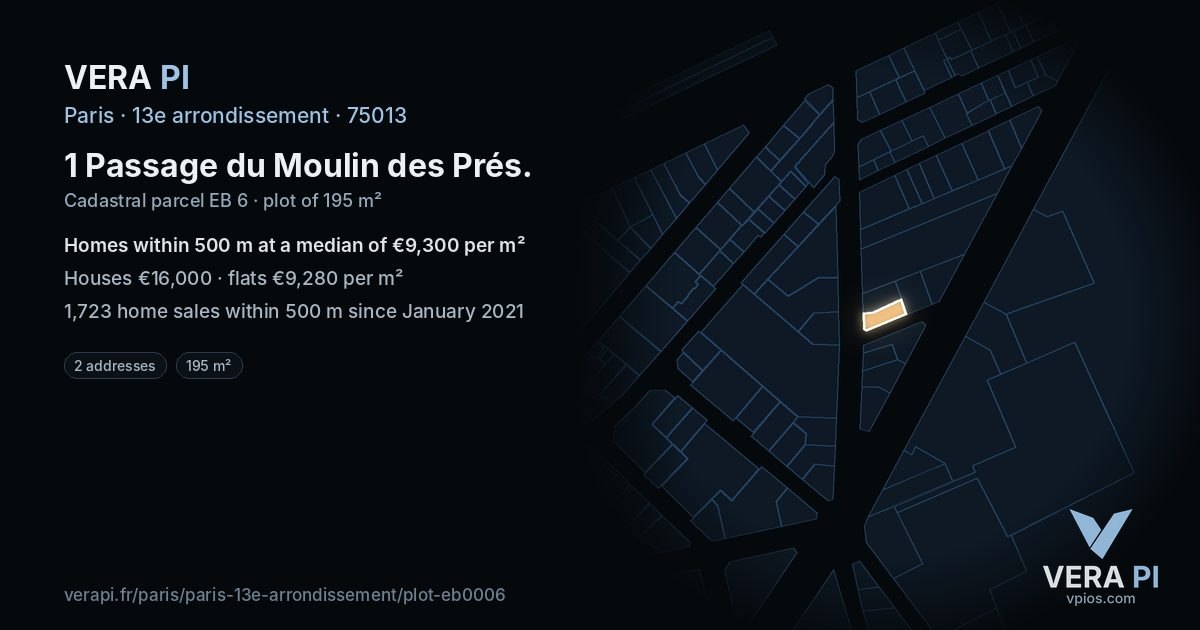 1 Passage du Moulin des Prés, 13e arrondissement at night – the plot lit, the parcels around coloured by the prices near them