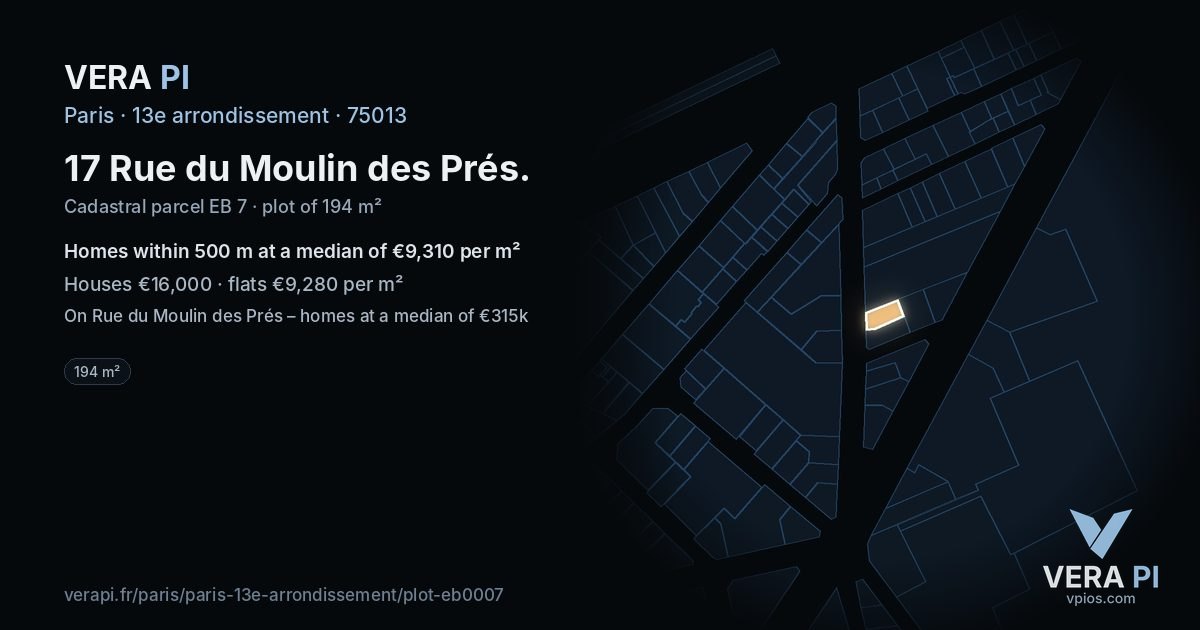 17 Rue du Moulin des Prés, 13e arrondissement at night – the plot lit, the parcels around coloured by the prices near them