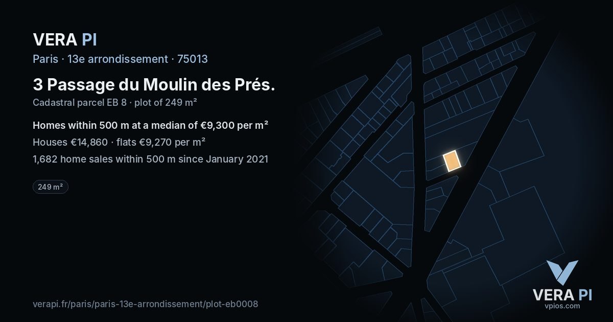 3 Passage du Moulin des Prés, 13e arrondissement at night – the plot lit, the parcels around coloured by the prices near them