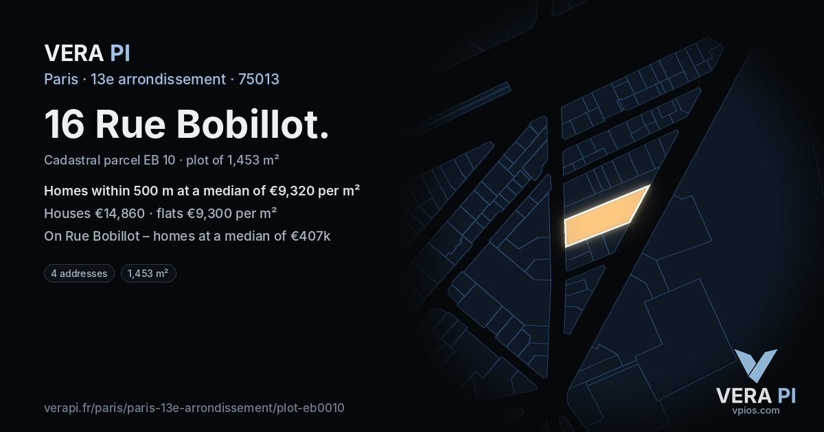 16 Rue Bobillot, 13e arrondissement at night – the plot lit, the parcels around coloured by the prices near them