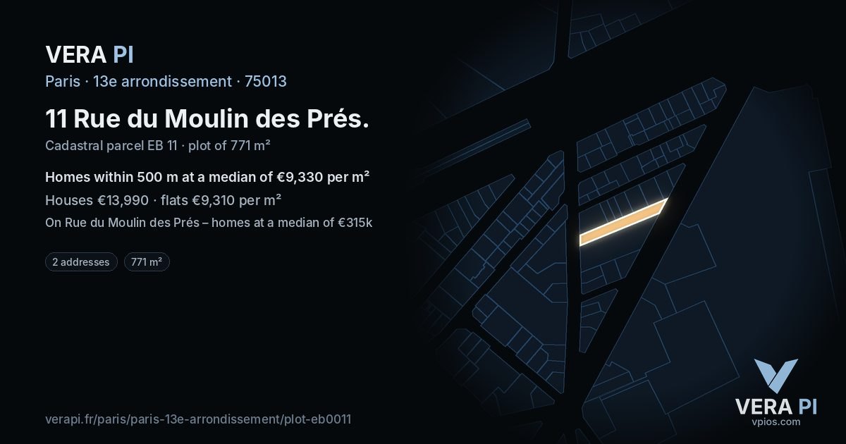 11 Rue du Moulin des Prés, 13e arrondissement at night – the plot lit, the parcels around coloured by the prices near them