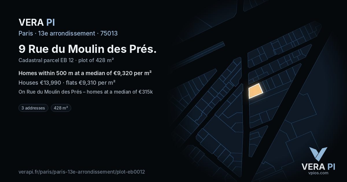 9 Rue du Moulin des Prés, 13e arrondissement at night – the plot lit, the parcels around coloured by the prices near them