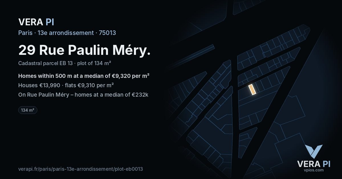 29 Rue Paulin Méry, 13e arrondissement at night – the plot lit, the parcels around coloured by the prices near them