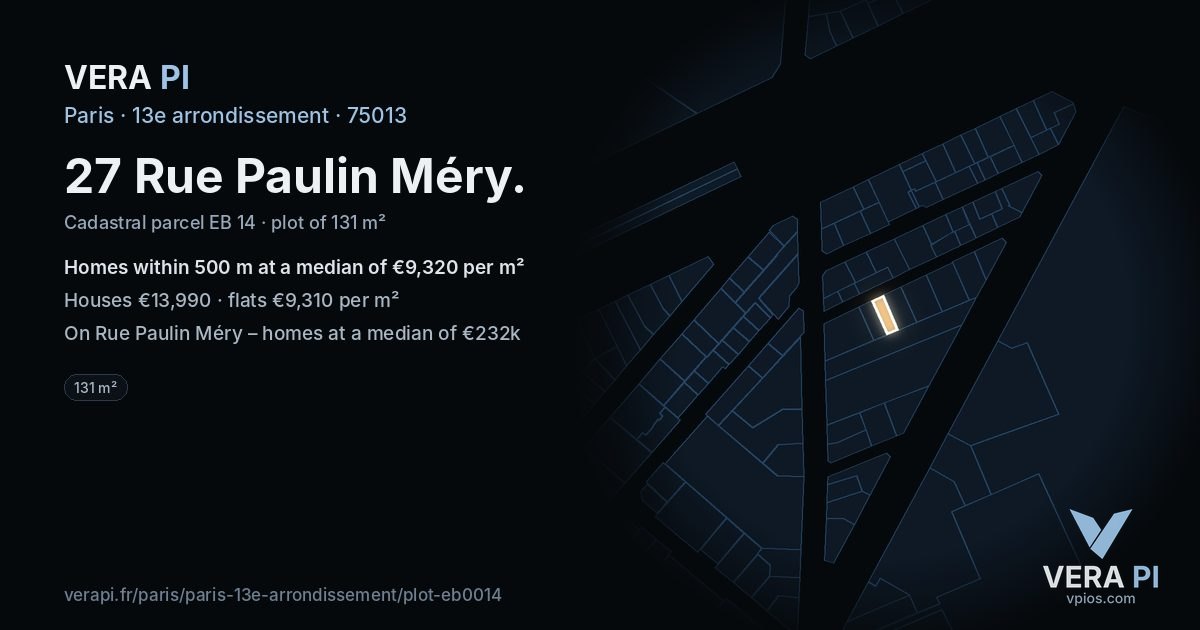 27 Rue Paulin Méry, 13e arrondissement at night – the plot lit, the parcels around coloured by the prices near them