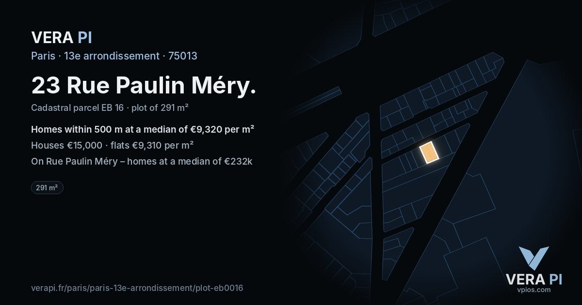 23 Rue Paulin Méry, 13e arrondissement at night – the plot lit, the parcels around coloured by the prices near them