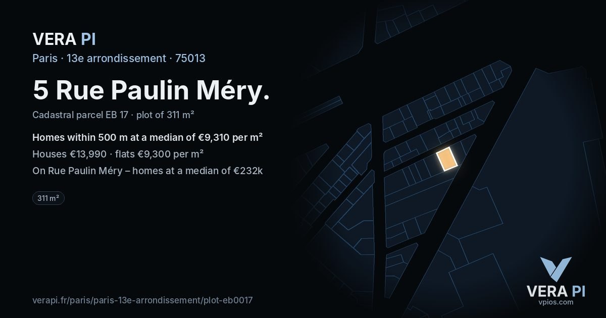 5 Rue Paulin Méry, 13e arrondissement at night – the plot lit, the parcels around coloured by the prices near them