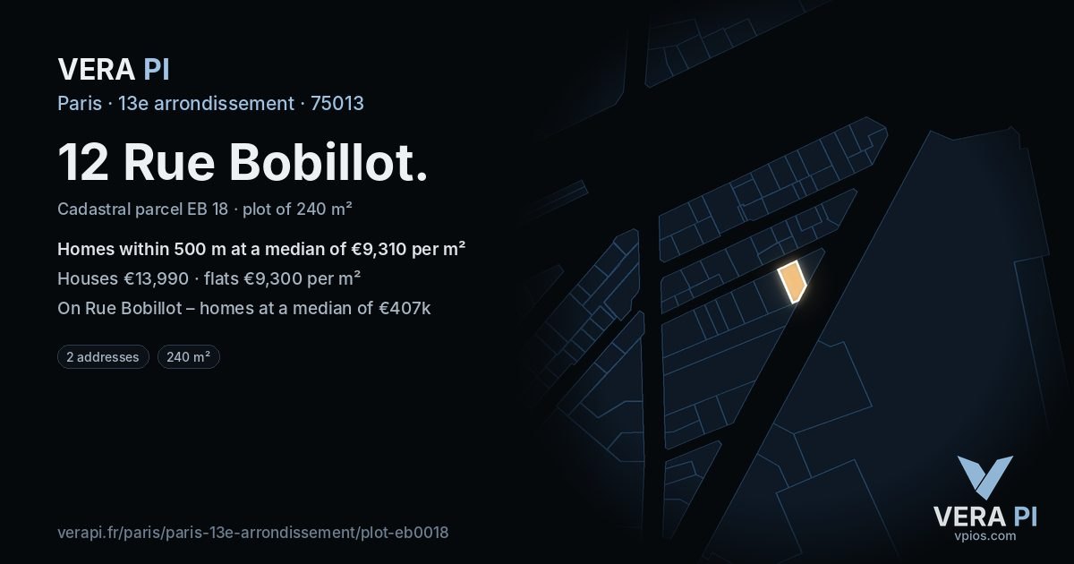 12 Rue Bobillot, 13e arrondissement at night – the plot lit, the parcels around coloured by the prices near them