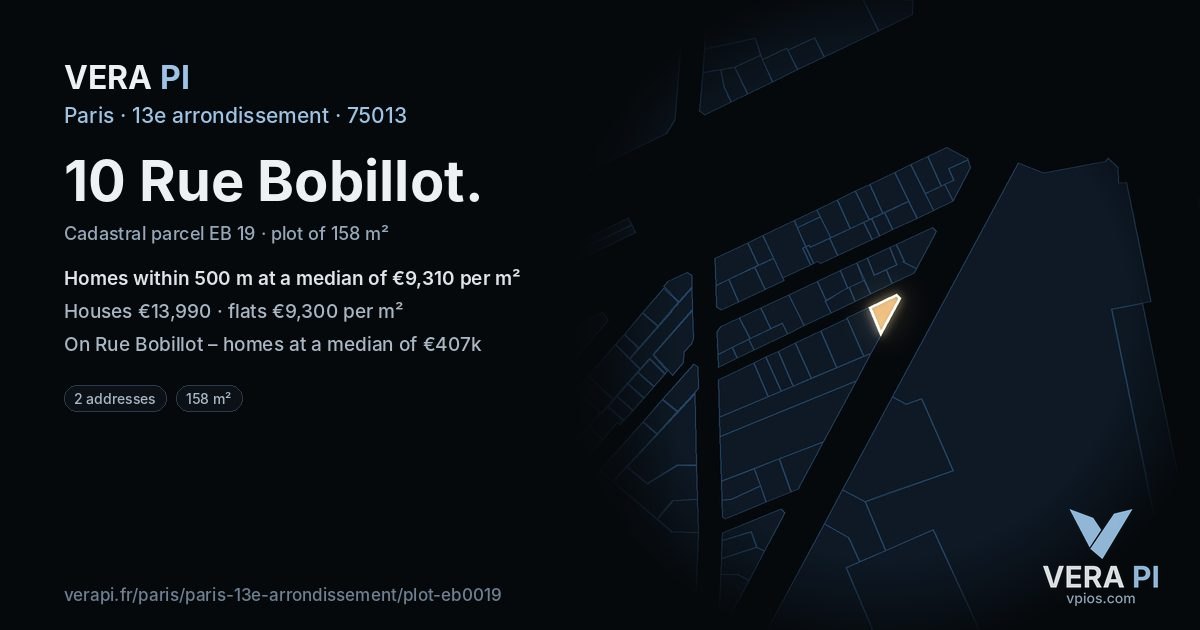 10 Rue Bobillot, 13e arrondissement at night – the plot lit, the parcels around coloured by the prices near them