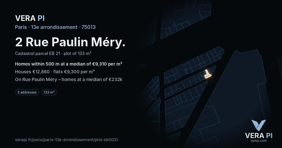 2 Rue Paulin Méry, 13e arrondissement at night – the plot lit, the parcels around coloured by the prices near them