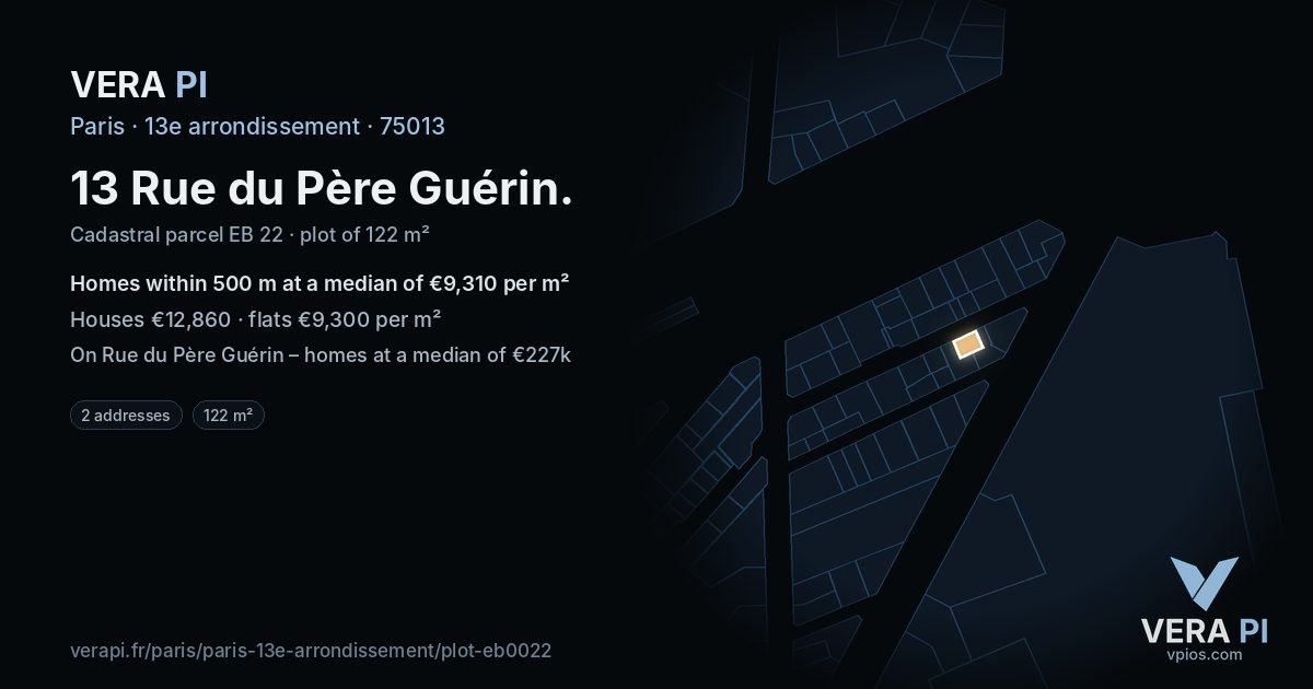 13 Rue du Père Guérin, 13e arrondissement at night – the plot lit, the parcels around coloured by the prices near them