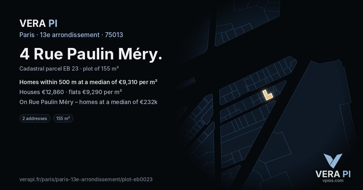 4 Rue Paulin Méry, 13e arrondissement at night – the plot lit, the parcels around coloured by the prices near them