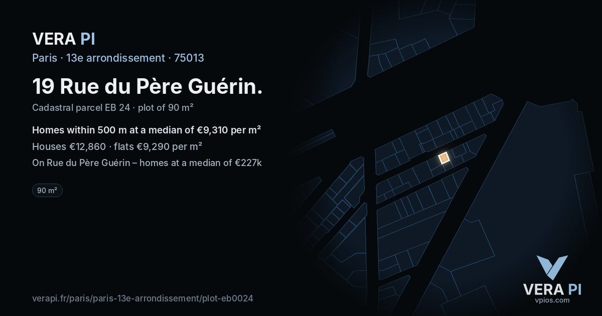 19 Rue du Père Guérin, 13e arrondissement at night – the plot lit, the parcels around coloured by the prices near them