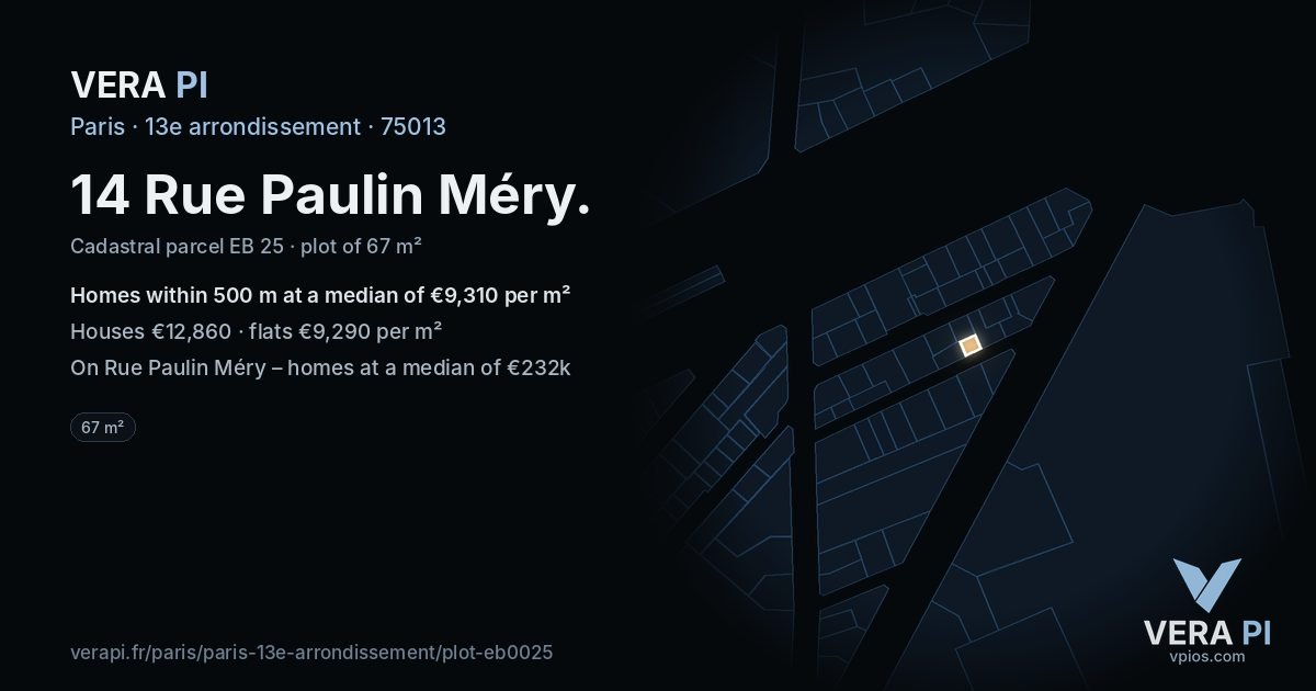 14 Rue Paulin Méry, 13e arrondissement at night – the plot lit, the parcels around coloured by the prices near them