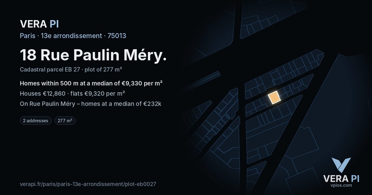 18 Rue Paulin Méry, 13e arrondissement at night – the plot lit, the parcels around coloured by the prices near them