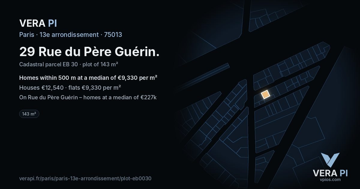 29 Rue du Père Guérin, 13e arrondissement at night – the plot lit, the parcels around coloured by the prices near them