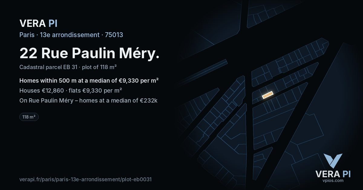 22 Rue Paulin Méry, 13e arrondissement at night – the plot lit, the parcels around coloured by the prices near them