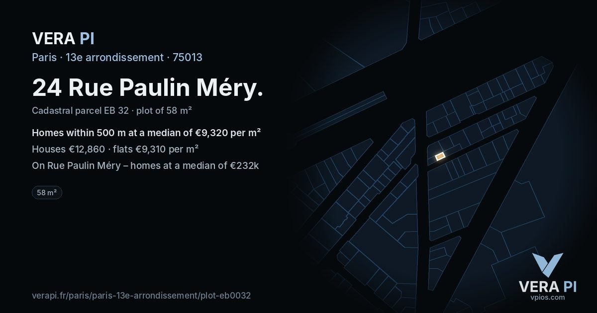 24 Rue Paulin Méry, 13e arrondissement at night – the plot lit, the parcels around coloured by the prices near them