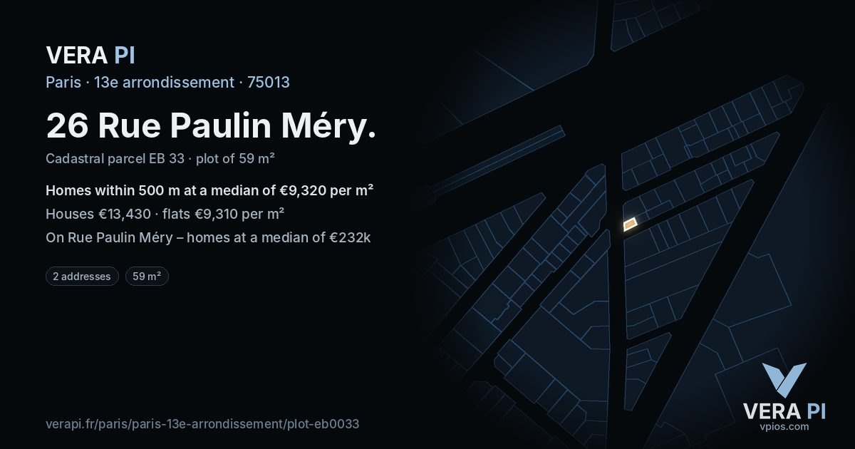 26 Rue Paulin Méry, 13e arrondissement at night – the plot lit, the parcels around coloured by the prices near them