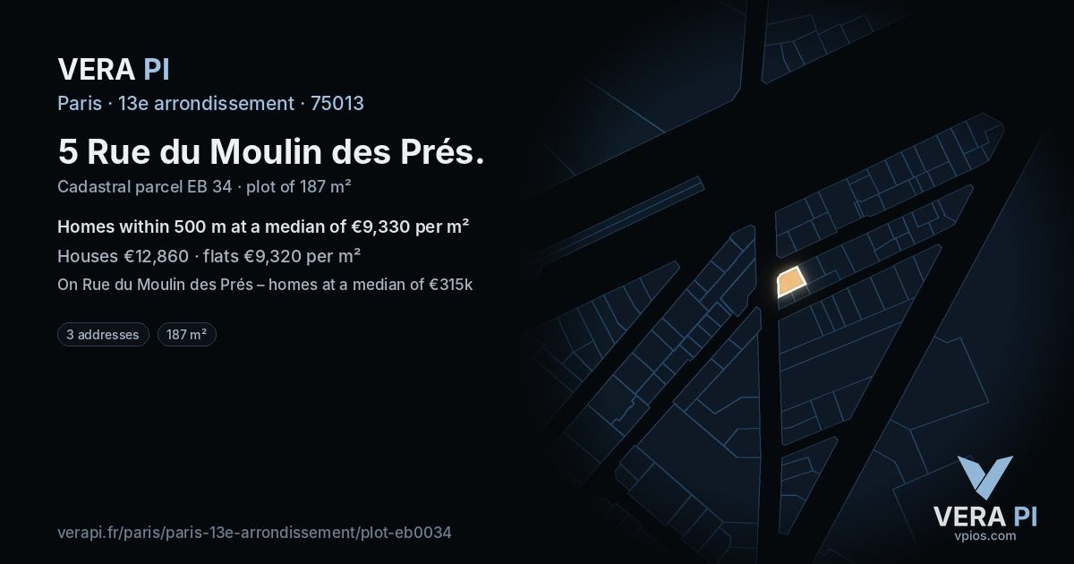 5 Rue du Moulin des Prés, 13e arrondissement at night – the plot lit, the parcels around coloured by the prices near them