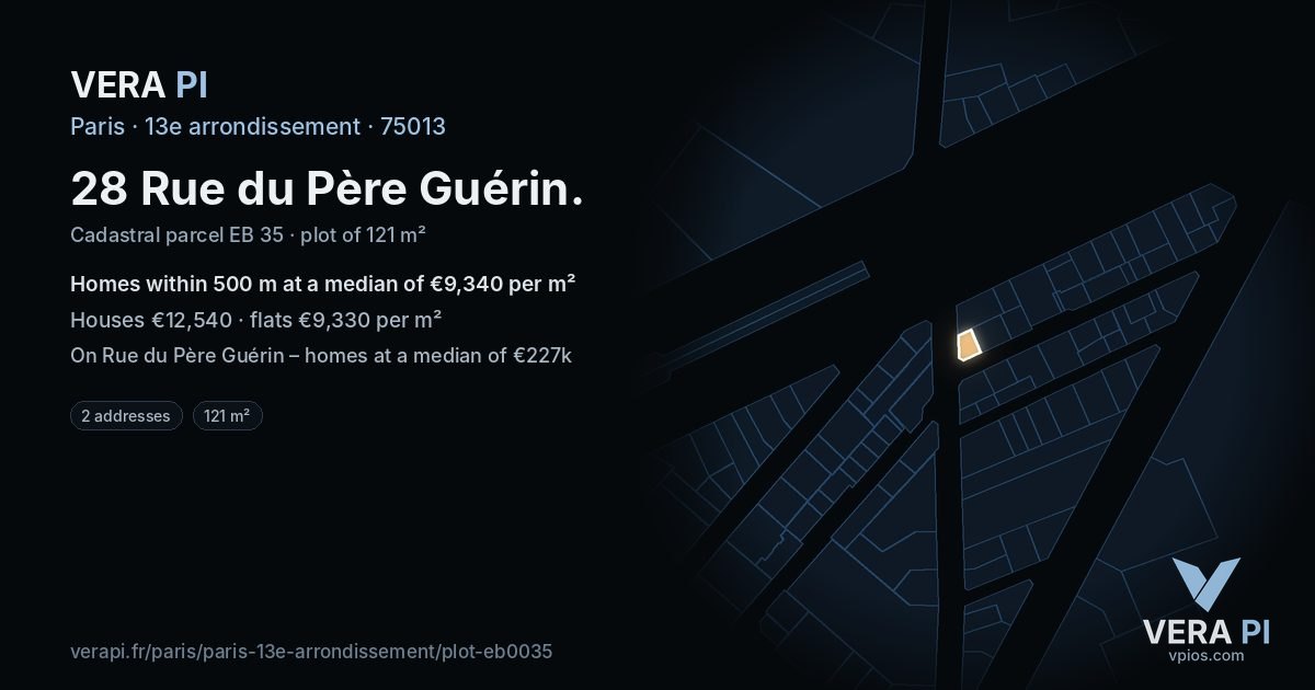 28 Rue du Père Guérin, 13e arrondissement at night – the plot lit, the parcels around coloured by the prices near them