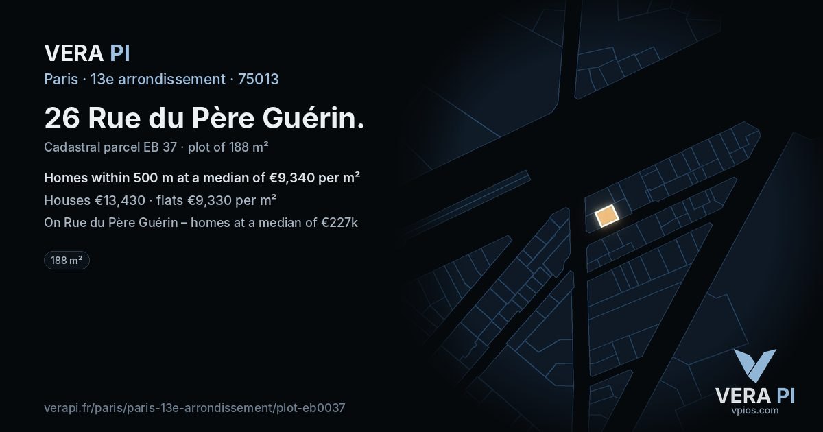 26 Rue du Père Guérin, 13e arrondissement at night – the plot lit, the parcels around coloured by the prices near them