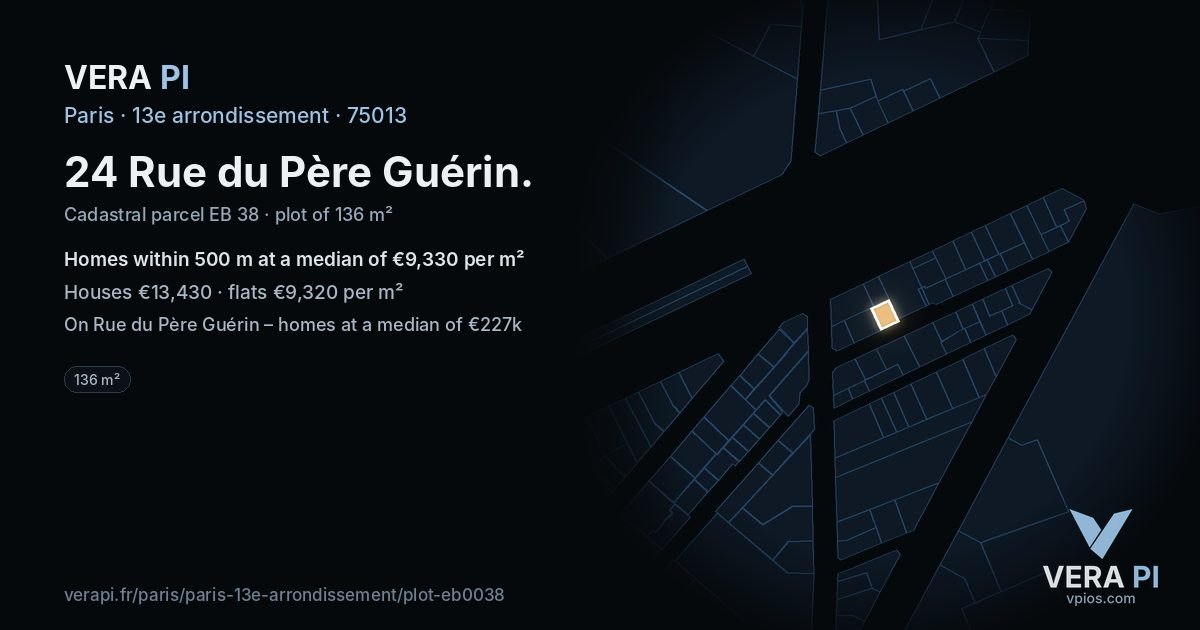 24 Rue du Père Guérin, 13e arrondissement at night – the plot lit, the parcels around coloured by the prices near them