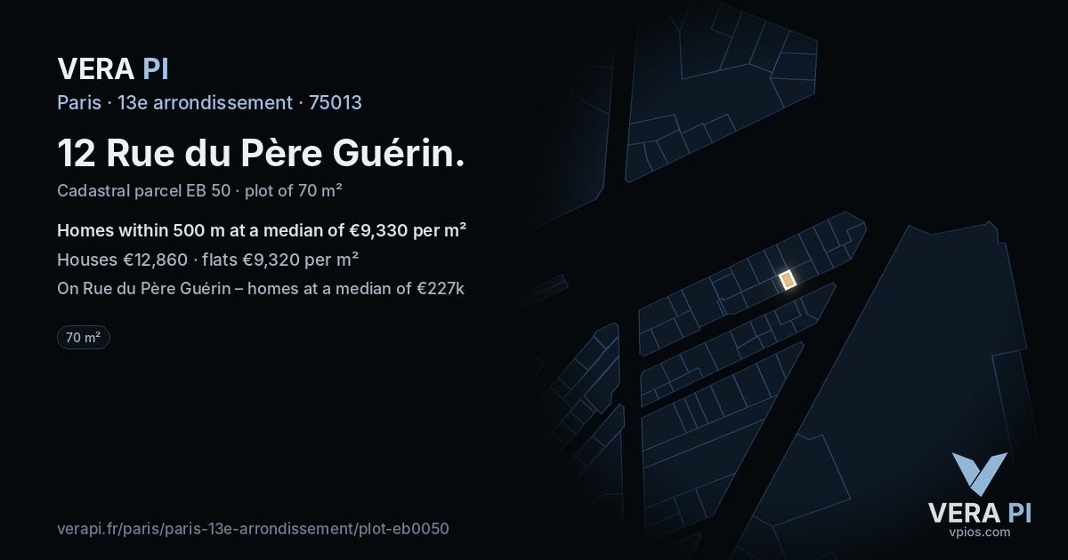 12 Rue du Père Guérin, 13e arrondissement at night – the plot lit, the parcels around coloured by the prices near them