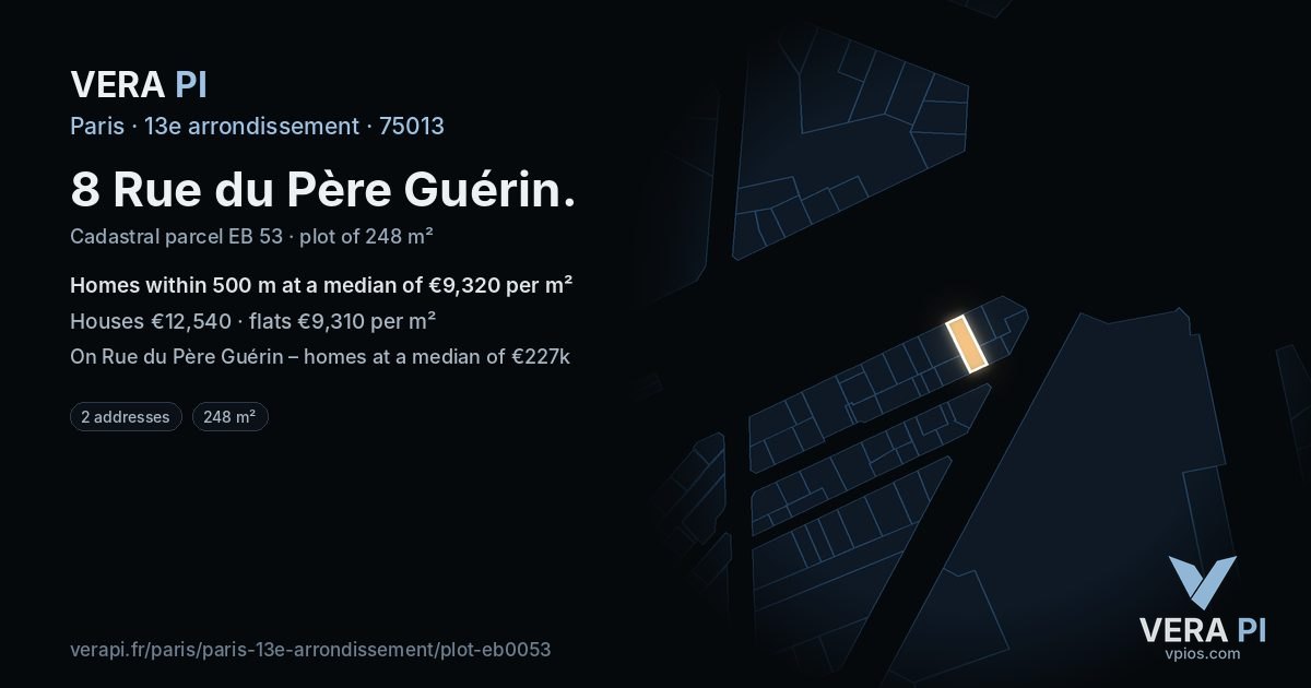 8 Rue du Père Guérin, 13e arrondissement at night – the plot lit, the parcels around coloured by the prices near them