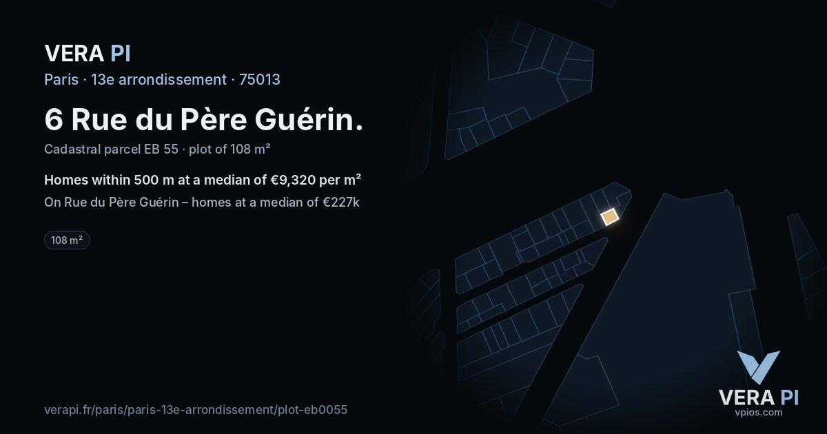 6 Rue du Père Guérin, 13e arrondissement at night – the plot lit, the parcels around coloured by the prices near them