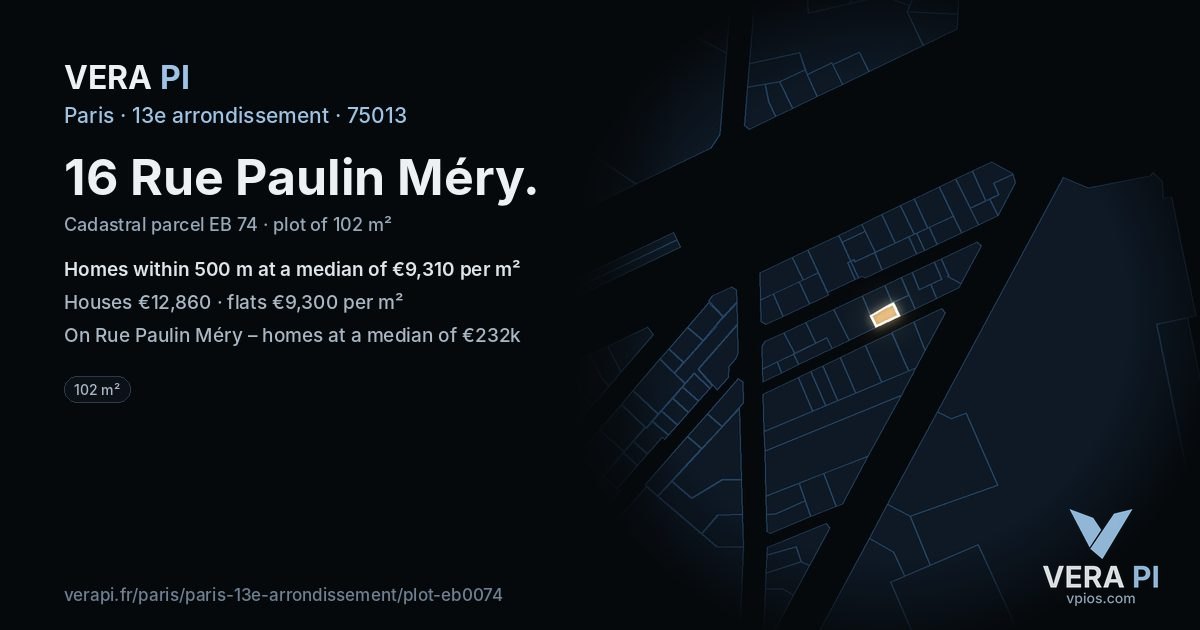 16 Rue Paulin Méry, 13e arrondissement at night – the plot lit, the parcels around coloured by the prices near them