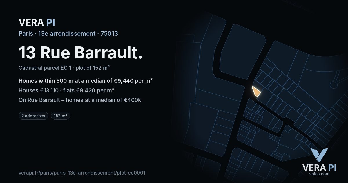 13 Rue Barrault, 13e arrondissement at night – the plot lit, the parcels around coloured by the prices near them