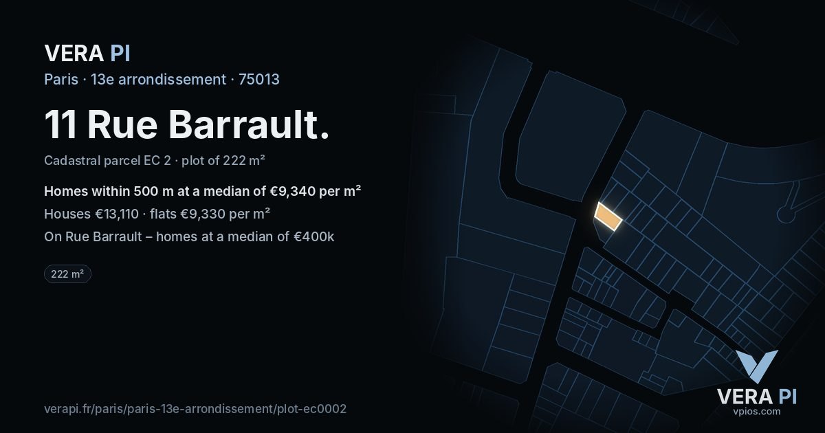11 Rue Barrault, 13e arrondissement at night – the plot lit, the parcels around coloured by the prices near them