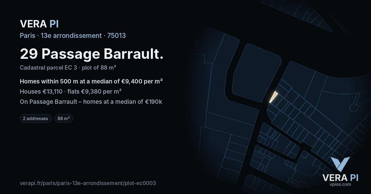 29 Passage Barrault, 13e arrondissement at night – the plot lit, the parcels around coloured by the prices near them
