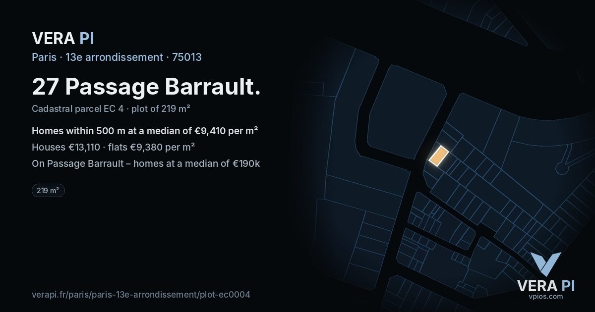 27 Passage Barrault, 13e arrondissement at night – the plot lit, the parcels around coloured by the prices near them