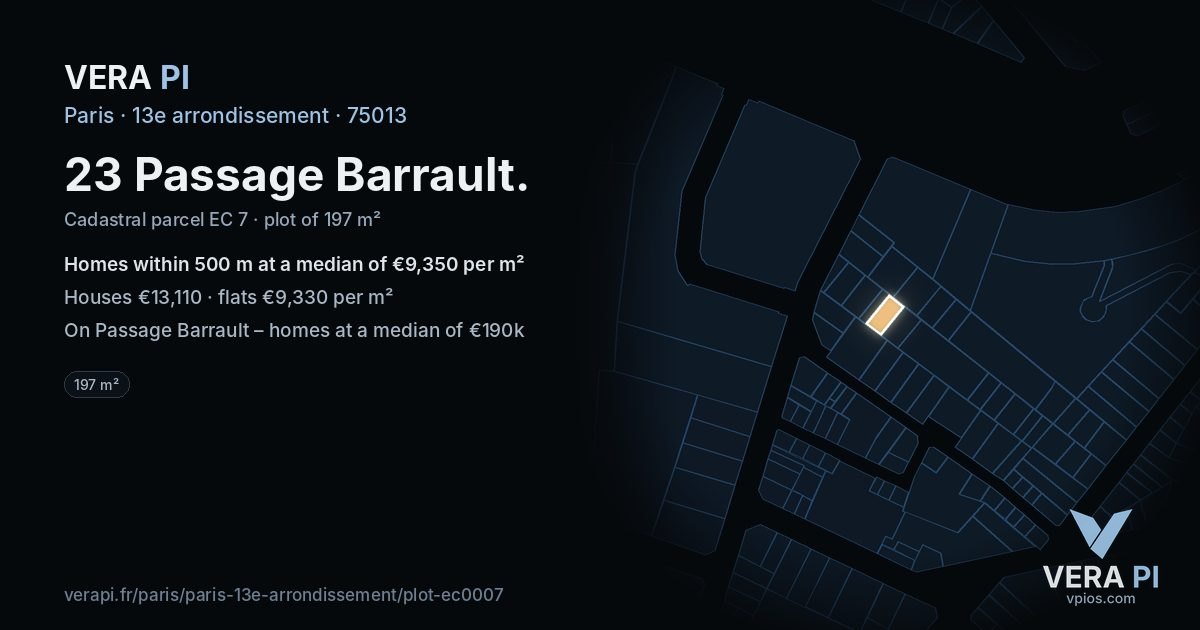 23 Passage Barrault, 13e arrondissement at night – the plot lit, the parcels around coloured by the prices near them