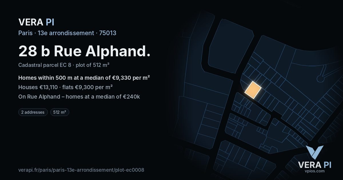 28 b Rue Alphand, 13e arrondissement at night – the plot lit, the parcels around coloured by the prices near them